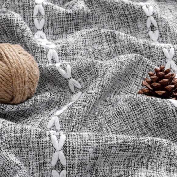 Dark Gray Linen Boho Shower Curtain with White Tassels Embroidered 72.5 x 73 NEW - Picture 3 of 15